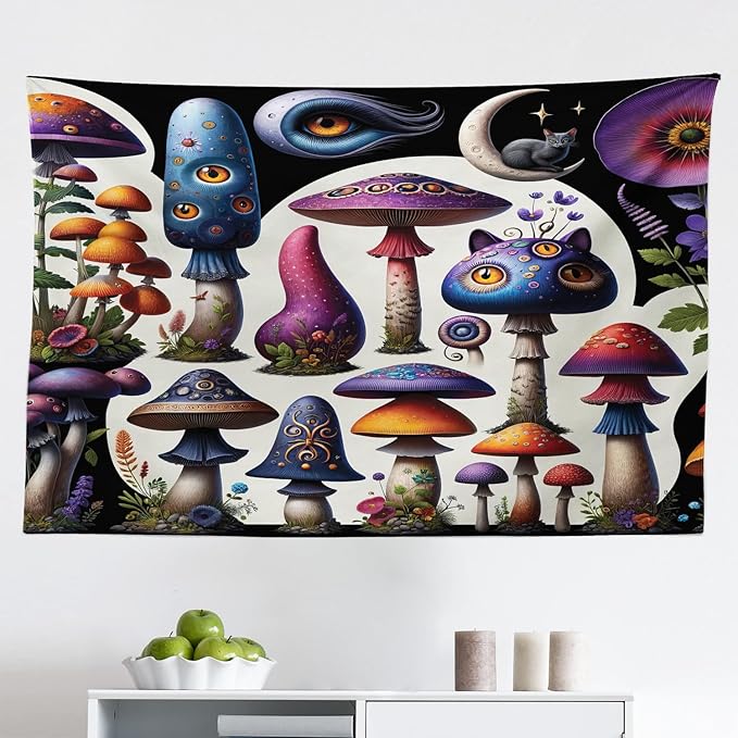 Ambesonne Hippie Tapestry, Psychedelic Dream of Trippy Mushroom Scene with Eyes and Cat Face Fantasy, Fabric Wall Hanging Decor for Bedroom Living Room Dorm, 45" X 30", Quartz Sea Blue Pearl