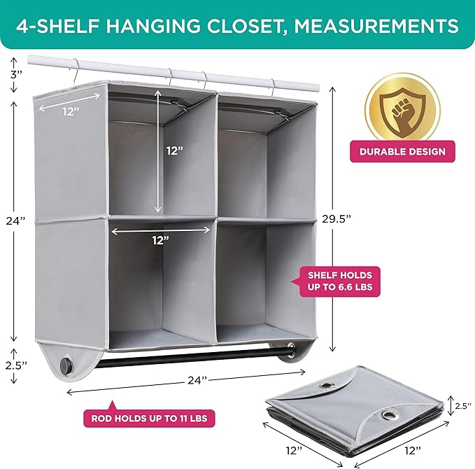 HOLDN’ STORAGE - 4 Shelf Hanging Closet Organizer with Metal Rod - Bamboo Inserted, Holds up to 24 pounds - 24” W x 12” D x 29.5”H - Perfect for College Dorms & RV Hanging Organizer