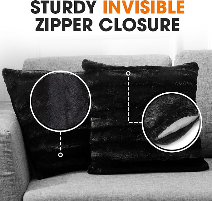 Cheer Collection Faux Fur Throw Pillows - Decorative Pillows for Couch, Bed Throw Pillows, Black Accent Pillows for Bedroom or Living Room Aesthetic, Set of 2 Furry Throw Pillows, 22" x 22"