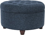 Homepop Home Decor | Large Button Tufted Woven Round Storage Ottoman for Living Room & Bedroom (Navy Woven) 25 inch D x 25 inch W x 15 inch H