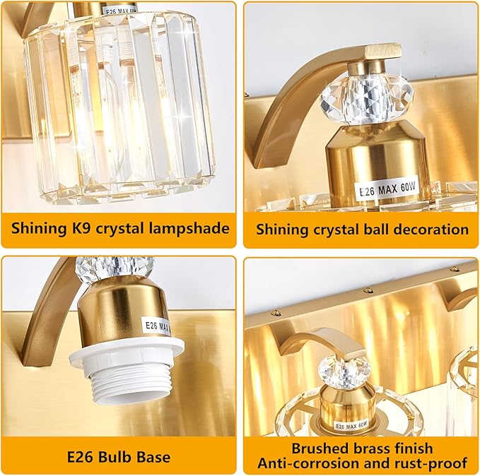 5-Lights Brushed Brass Bathroom Light Fixture Gold Vanity Lights Modern Crystal Bathroom Vanity Lighting Over Mirror Wall Sconce with K9 Crystal Shade E26 Base for Living Room, Bedroom Wall Lamp