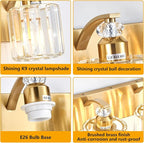 6-Lights Brushed Brass Bathroom Light Fixture Gold Vanity Lights Modern Crystal Bathroom Vanity Lighting Over Mirror Wall Sconce with K9 Crystal Shade E26 Base for Living Room, Bedroom Wall Lamp