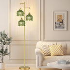Glass Floor Lamp for Living Room,Bedroom,Gold Mid Century Modern Standing Lamp Brass Tree 3 Light Tall Floor Lamps Vintage Retro Floor Lights Green Flower Lamp Shade Farmhouse Boho Bohemian