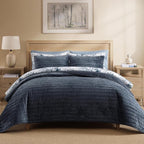 WRENSONGE Velvet Queen Quilt Set-3 Pieces Blue Grey Luxurious Velvet Striped Channel Comforter with 2 Shams, Soft Bedspread Coverlet Quilted Bedding Set for All Season