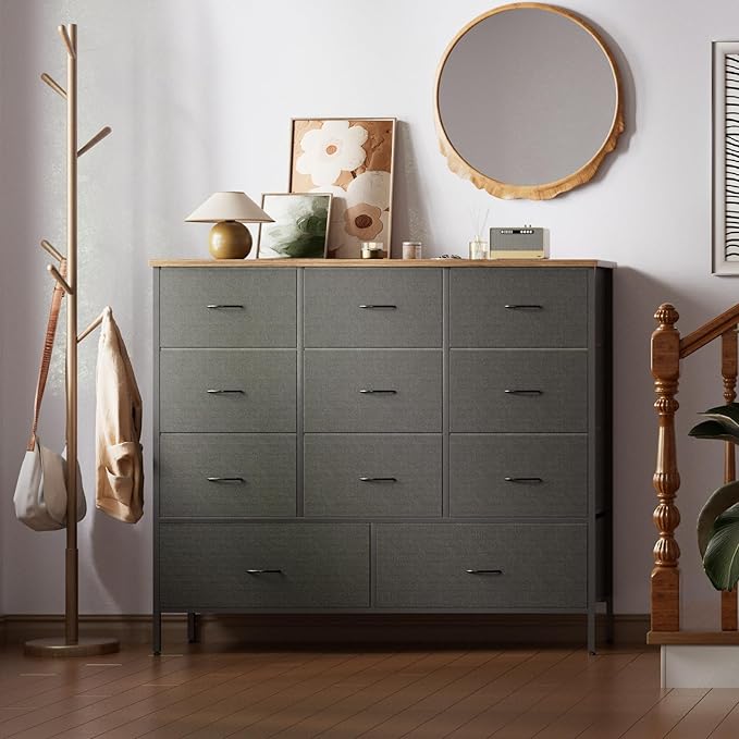 43.3" Wide Fabric Dresser for Bedroom, Chest of Drawers with 11 Deep Drawers, Multi-Drawers TV Stand TV Console, Storage Organizer for Closet, Nursery (Black)