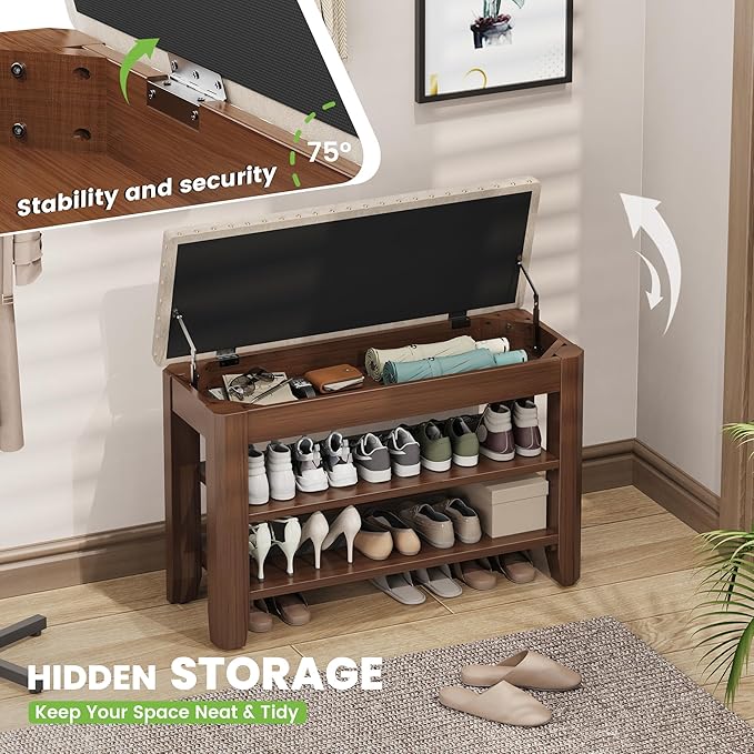 Shoe Bench for Entryway, Solid Rubberwood Shoe Bench with Hidden Storage, Adjustable 2-Tier Shelves & Soft PU Leather Seat, Shoe Rack Durable Easy Assembly for Hallway or Bedroom - Beige, 31.5"