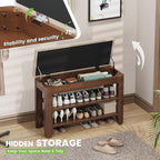 Shoe Bench for Entryway, Solid Rubberwood Shoe Bench with Hidden Storage, Adjustable 2-Tier Shelves & Soft PU Leather Seat, Shoe Rack Durable Easy Assembly for Hallway or Bedroom - Beige, 31.5"