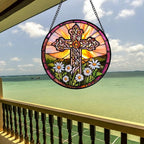 Christian Gifts for Women - Cross Stained Glass Window Hanging Jesus Easter White Daisy Flower Sun Catcher Garden Religion Decor Mother's Day Catholic Gift for Men Grandma Nana Her 15"