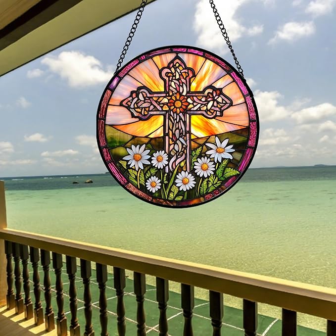 Christian Gifts for Women - Cross Stained Glass Window Hanging Jesus Easter White Daisy Flower Sun Catcher Garden Religion Decor Mother's Day Catholic Gift for Men Grandma Nana Her 15"