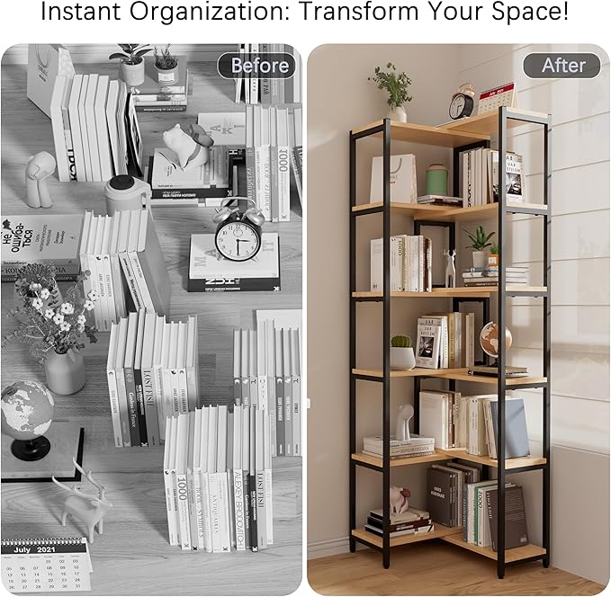6 Tier Corner Shelf/Bookshelf, Deformable L Shaped Bookcase, Modern Tall Storage Display Rack with Sturdy Metal Frame for Home Office (Natural Wood Color)
