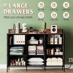 WLIVE Dresser TV Stand for 45, 50, 55 inch TV, Entertainment Center with LED Lights & Charging Station, Chest of Drawers with 9 Fabric Drawers and Open Shelves for Living Room, Hallway, Rustic Brown