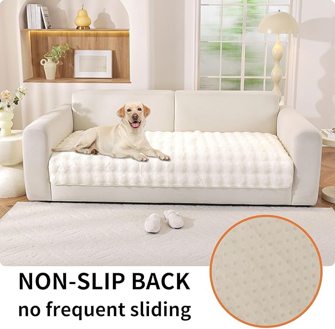 Waterproof Dog Bed Cover Non Slip Couch Cover for Dogs Washable Soft Faux Fur Sofa Cover Couch Covers for 3 Cushion Couch Sofa Pet Friendly (Off White)