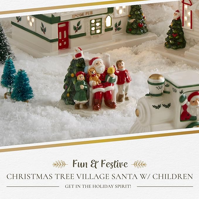 Spode Christmas Tree Miniature Village Figural Decoration, Snowy Christmas Village Set, Ceramic Holiday Decor - Festive Holiday Decorations for Indoor Display (Santa with Children)