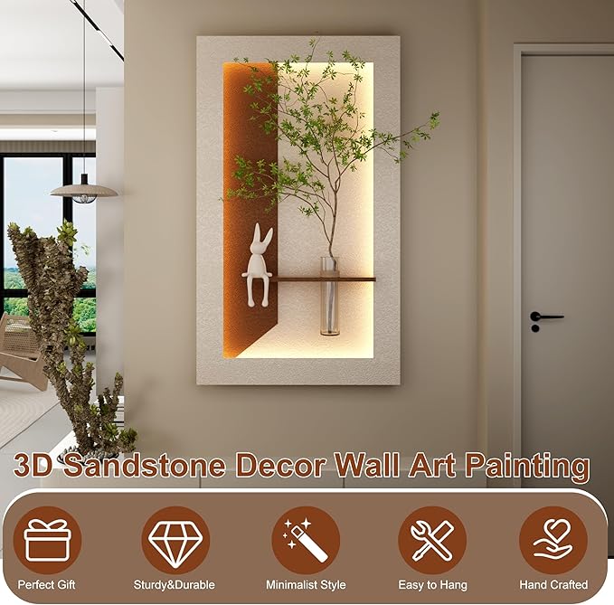 LED Sandstone Wall Decor, 3D Wall Art Sculpture, Simulated Green Plants, Glass Vase & Rabbit Statue, 3 Color Remote Control Light, for Living Room, Bedroom, Hallway(Light Coffee,41.4 * 23.6in)
