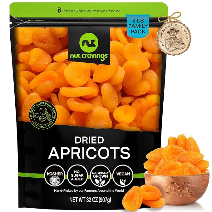 NUT CRAVINGS - Dried Turkish Apricots, No Sugar Added, Unsweetened (32oz, 2 LB) Tu Bishvat Favorite - Sweet Healthy Snack, Vegan, Kosher, Resealable Bag