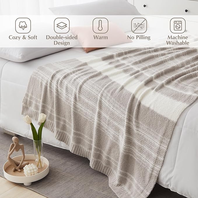 WRENGONGE Taupe Throw Blanket, 60x80 Soft Cozy Striped Throw Blankets for Couch, Sofa, Bed, Travel, Lightweight Fluffy Warm Plush Decorative Blankets for Women, Men Gift