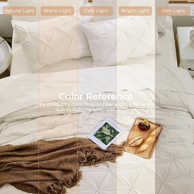 Sasttie Queen Comforter Set, 7-Piece Bed in a Bag, Pintuck Bedding Sets for All Season, Includes Comforter, Flat Sheet, Fitted Sheet, Pillowcases and Pillowshams, Beige