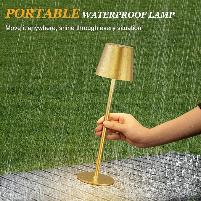 Cordless Table Lamp Rechargeable Gold - KK 2 Pack 5000mAH Battery Operated Lamp for Dining Table, 3 Color Stepless Dimming Waterproof LED Wireless Lamp for Counter, Outdoor Patio, Touch Control