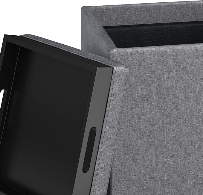 SIMPLIHOME Rockwood Cube Storage Ottoman with Tray - 17 inch Wide Upholstered Linen Look Fabric Square Storage Ottoman in Slate Grey, Contemporary Cube Ottoman for Living Room with Serving Tray