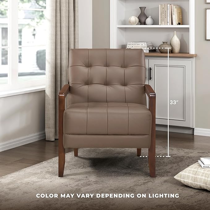 Lexicon Modern Accent Chair, Luxury Genuine Leather Match Living Room Chair with Tufted Cushions, Solid Wood Frame and Arm Rest, Comfy Upholstered Single Seat for Bedroom/Reading/Office, Brown