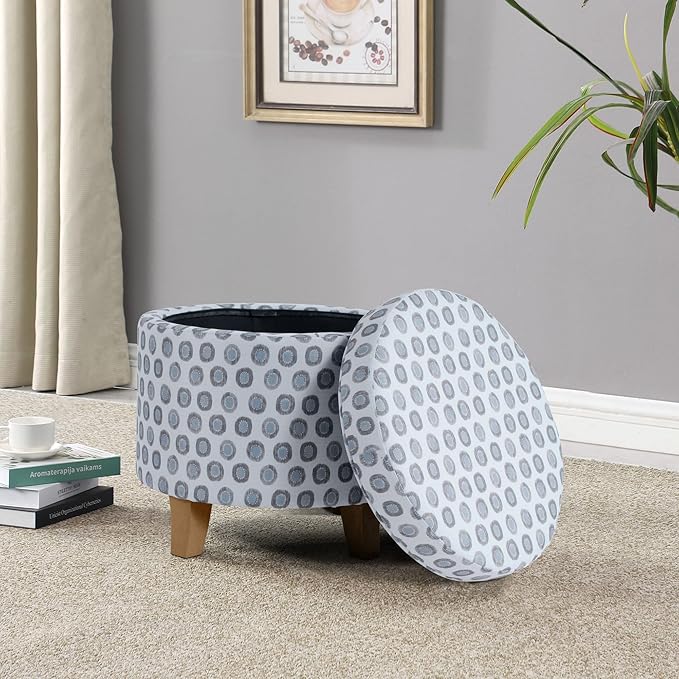 HomePop Upholstered Round Storage Ottoman|Homepop Home Décor|Upholstered Round Foot Rest Ottoman - Small Green Medallion Ikat Print
