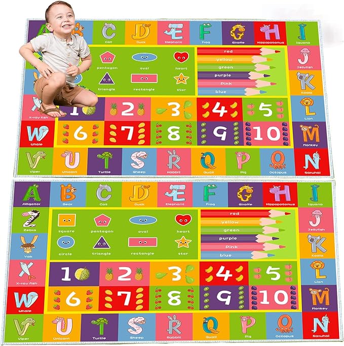 ABC Alphabet Animals Educational Playmat - Interactive Learning Carpet for Toddlers & Infants with Numbers & Shapes, Classroom/Bedroom Play Rug, Machine Washable(Size:100 * 150cm/39" x 59")
