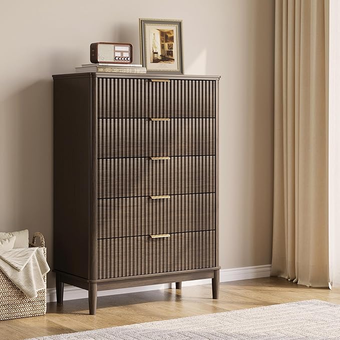 LINSY Fluted 5 Drawer Dresser for Bedroom, 46" Tall Mid-Century Modern Chest of Drawers, Deep Storage Dresser with Curved Corner Design, Large Accent Wood Cabinet for Bedroom, Walnut