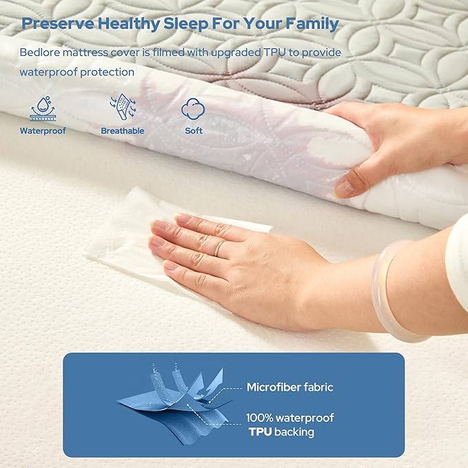 BEDLORE Waterproof Mattress Protector, Twin Size Mattress Pad with Deep Pocket 6"-15" Depth, Soft Dirt-Proof Double Bed Mattress Cover for Bedroom, College Dorm, Hotel (Light Gray)