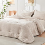HYMOKEGE Beige King Size Comforter Set Seersucker 7 Pieces, All Season Luxury Bed in a Bag for Bedroom, Bedding Set with Comforters, Sheets, Pillowcases & Shams