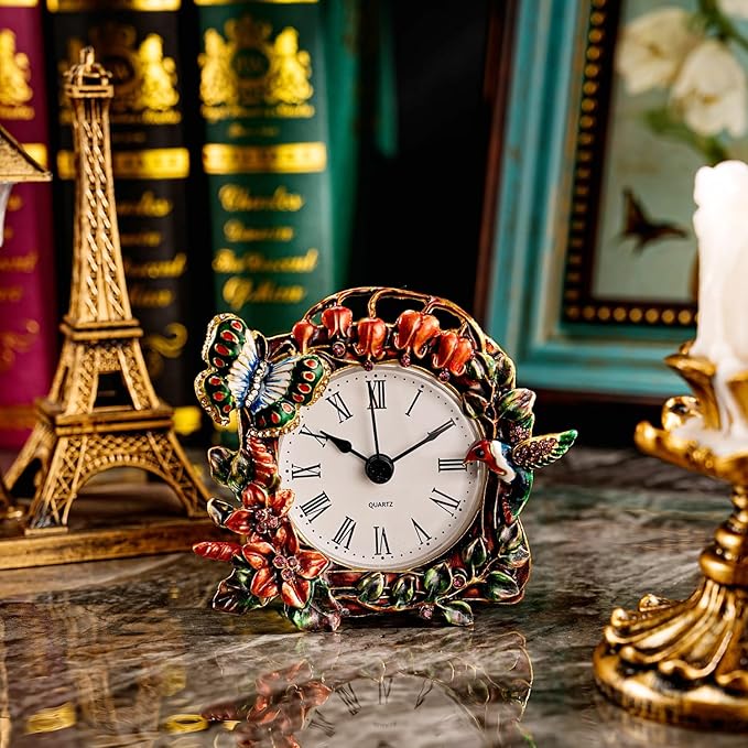 Mini Tabletop Clock, Decorative Vintage Floral Metal Table Clock with Battery Operated for Bedside, Table, Living Room, Home and Office