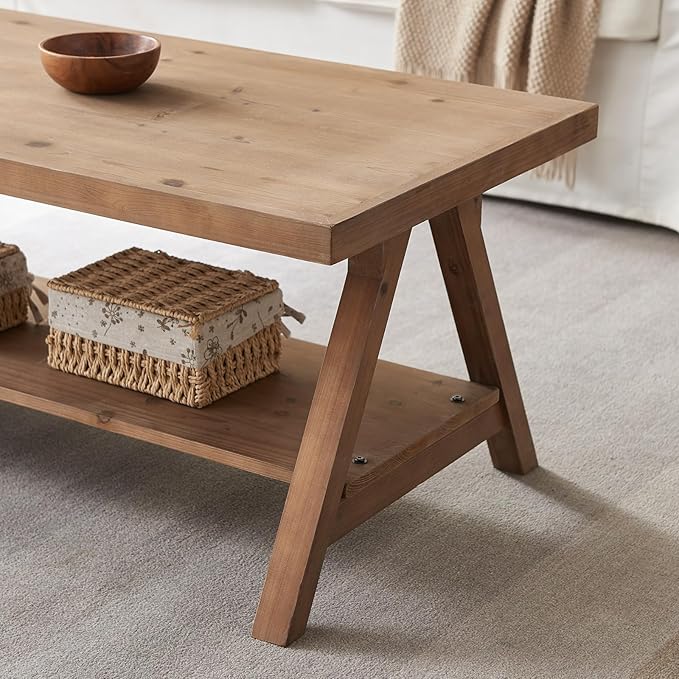 Farmhouse Coffee Table,Solid Wood Center Tables with Storage Shelves & Sturdy A-Shaped Legs, Modern Rustic 2-Tier Rectangular Table for Living Room and Office, Natural