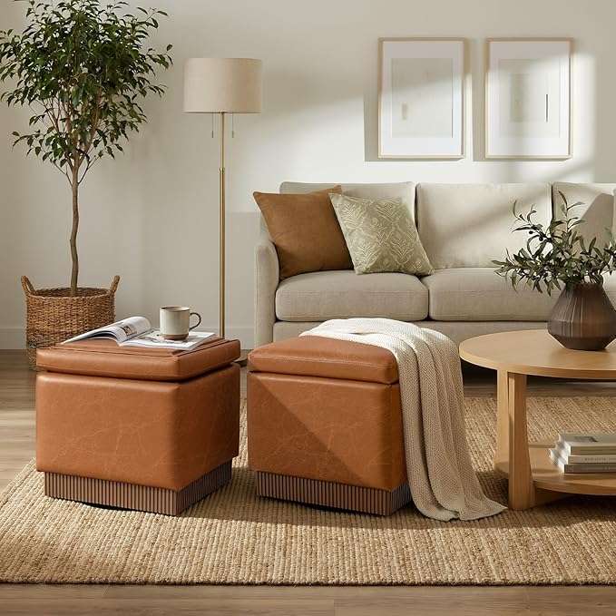 Swivel Storage Ottoman with Hidden Compartment, Square Faux Leather Footstool, Solid Acacia Wood Frame, 500 lbs Capacity, No Assembly Required, for Living Room & Bedroom