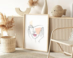 Aesthetic Face Wall Art Hands on Cheeks Continuous Line Drawing Abstract Pink Shapes 24x36 Inch Oak Wood Beige Framed Modern Portrait for Bedroom Vanity