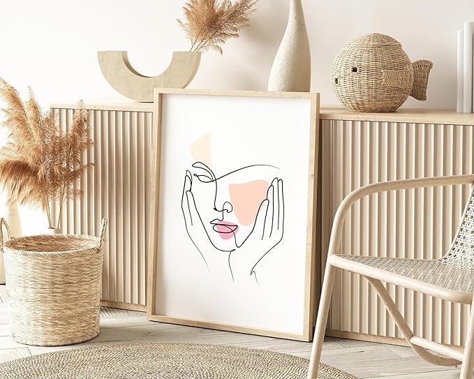 Aesthetic Face Wall Art Hands on Cheeks Continuous Line Drawing Abstract Pink Shapes 24x36 Inch Oak Wood Beige Framed Modern Portrait for Bedroom Vanity