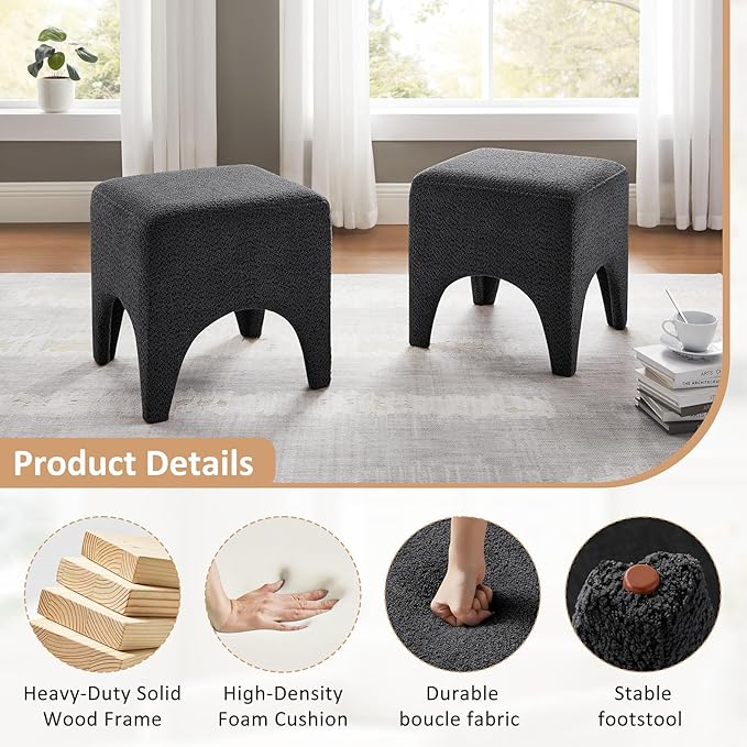 17" Boucle Modern Square Foot Stool Ottoman, Vanity Stool for Makeup, Rectangle Foot Rest for Couch, Upholstered Ottoman Stool for Living Room, Bedroom, Entryway (1, Dark Grey)