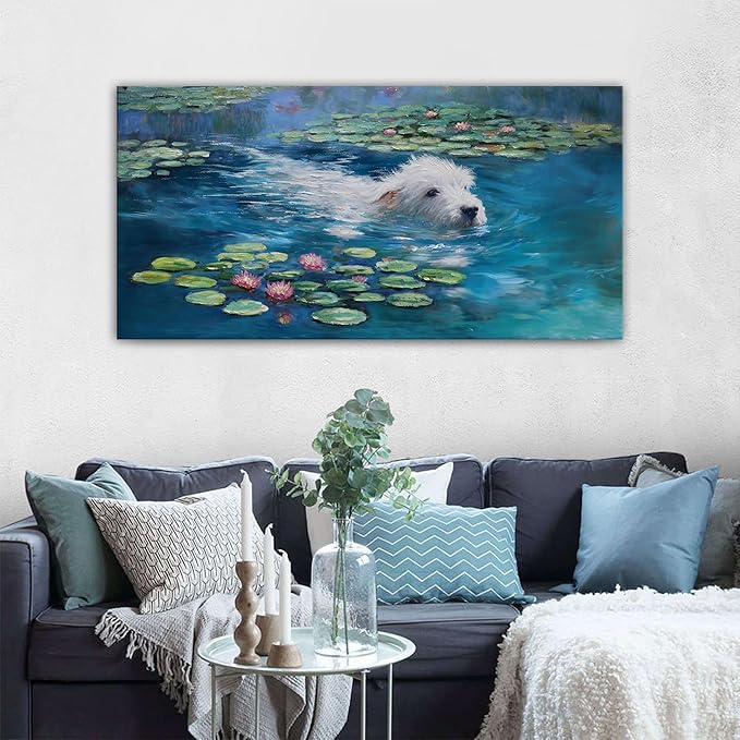 Dog Monet Wall Art with - Large Canvas Wall Art for Bedroom - Framed Landscape Pictures Decor - Classic Vintage Artwork for Living Room, Bedroom, or Office Paintings Wall Decor 20×40IN