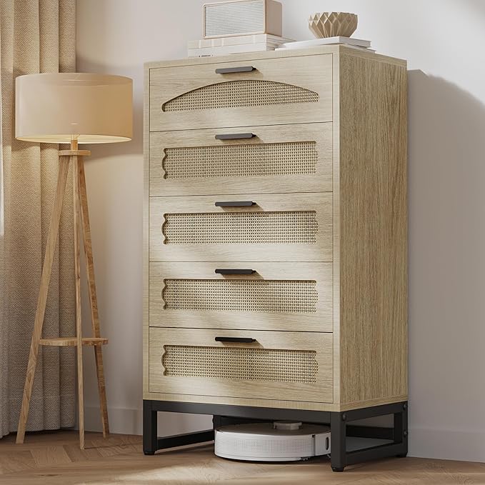 Mericonia 5 Drawer Rattan Dresser for Bedroom, Wood Tall Dresser for Closet with Metal Handles, Boho Nightstand Sets, Dressers & Chests of Drawers for Bedroom, Hallway and Entryway, Oak
