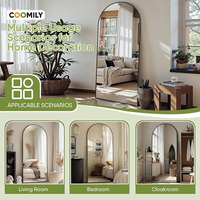 Full-Length Floor Mirror with Stand, 68"x26" Arched Style Full Body Standing Mirror for Bedroom, Living Room, Gym, Dorm - Shatter-Resistant & Easy Assembly, Black