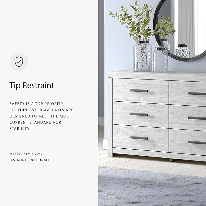 Signature Design by Ashley Cayboni Vintage 6 Drawer Dresser with Safety Stop for Bedroom, White