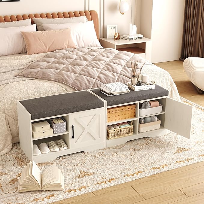 HOMEFORT 2-Tier Shoe Storage Bench with Padded Cushion Seat, Entryway Bench with Adjustable Shelf and Barn Door, 27.6" Farmhouse Shoe Rack Cabinet Bench, 300 lbs Capacity, for Bedroom, Antique White