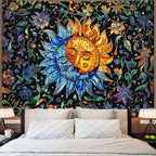 Accnicc Sun and Moon Tapestry Boho Hippie Floral Wall Tapestry for Bedroom Aesthetic Vintage Stained Glass Celestial Plant Large Tapestries Wall Hanging for Living Room Dorm 80 x 60 Inch