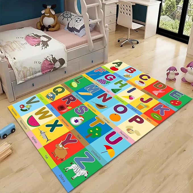5x6ft ABC Alphabet Learning Rug for Toddlers & Kids - Educational Play Mat with Letters, Animals, Objects，Interactive Colorful Nursery Carpet for Playroom, Bedroom, Preschool Classroom Decor