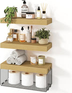 Bathroom Floating Shelves for Wall,16 inch Wall Mounted Floating Shelf Toilet Organizer and Storage,Small Farmhouse Decor Shelf,Oak,Set of 3