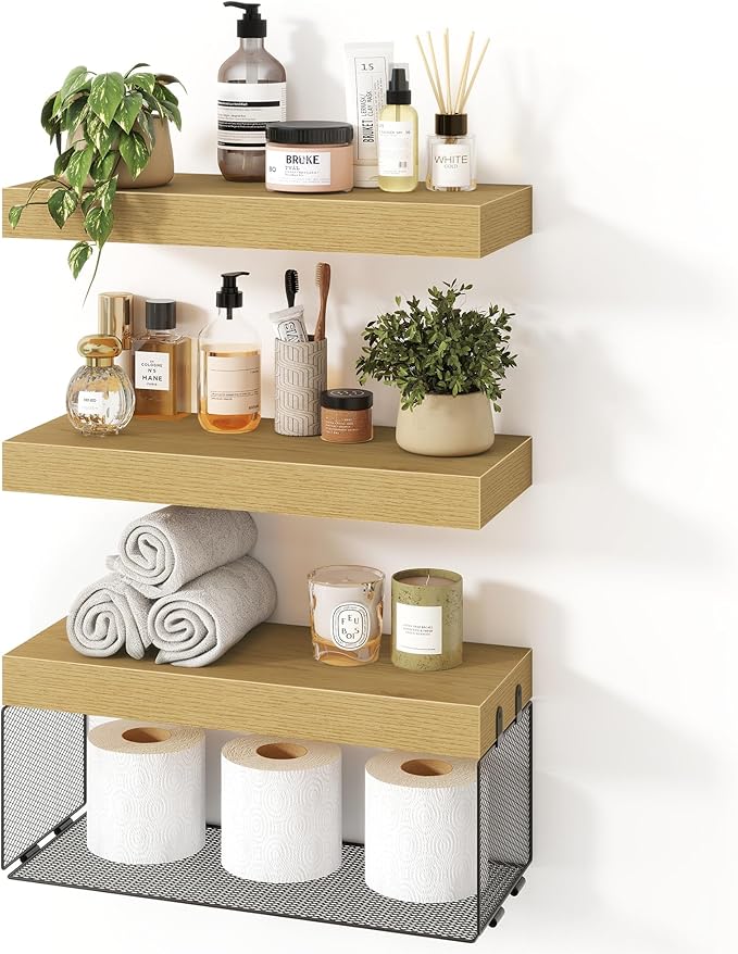 Bathroom Floating Shelves for Wall,16 inch Wall Mounted Floating Shelf Toilet Organizer and Storage,Small Farmhouse Decor Shelf,Oak,Set of 3