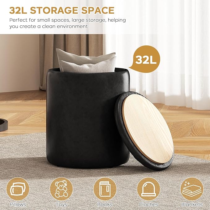 Round Ottoman with Storage Set of 2, 12.6" W x 14.17" H & 14.76" W x 17.32" H Faux Leather Storage Ottoman for Living Room Bedroom, Small Coffee Table Padded Ottoman, Black