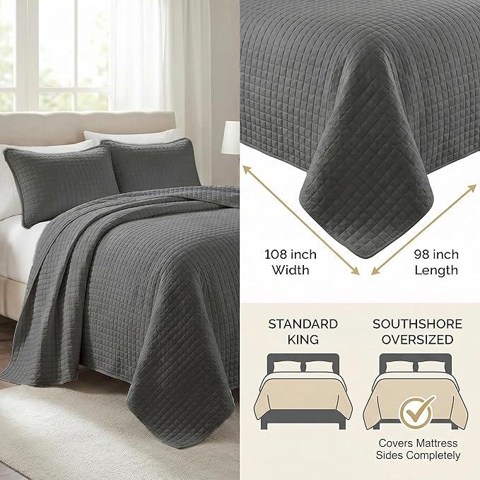 Southshore Fine Living, Inc. Oversized Quilt King Size Set, Grey Bed Spread King Size with 2 Matching Pillow Shams, Microfiber Quilted Comforter Bed Coverlet, Bedspread Set, Slate Grey Quilt