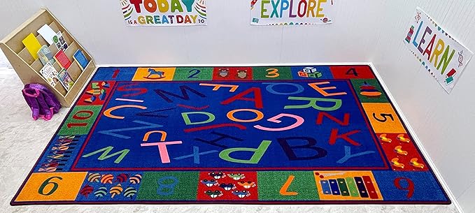 KIDCARPET.COM Alphabet and Numbers Rectangle Classroom Rug | Bordered Area Rug for Preschool Daycare Learning, 7'6" x 12'