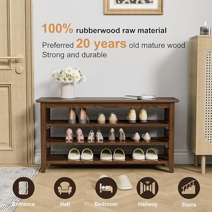 Shoe Rack Bench, 4-Tier Shoe Shelf Organizer, 39.4" Entryway Storage Bench for Hallway, Bedroom, Living Room, Bedroom, Hold up to 550 lbs, Solid Wood, Dark Brown