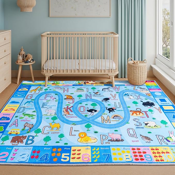 Educational Rug for Classroom, Play Rugs for Boys Girls Bedroom Kids Room, Non-Slip Washable ABC Learning Carpet for Playroom, Zoo Road Play Mat, 8x10 Blue