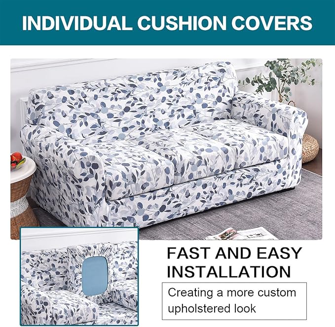 KRFOONN 3 Piece Stretch Sofa Couch Covers for 2 Loveseat Cushion Couches Printed Sofa Loveseat Slipcover with 2 Separate Seat Cushion Covers Washable Sofa Slip Covers Furniture Protector (Medium, 15)